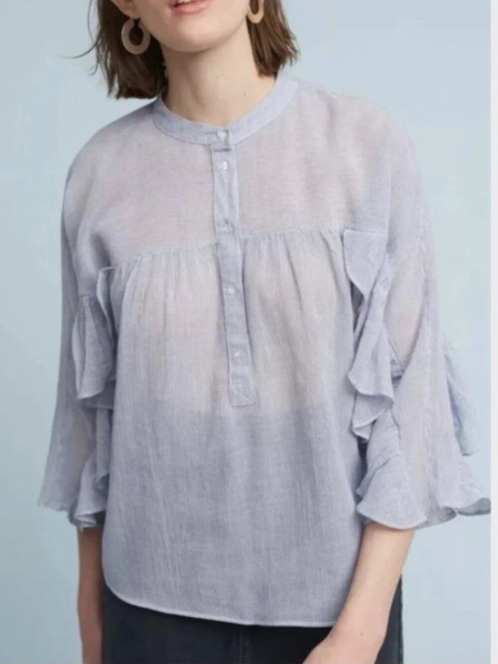 Maeve Anthropologie Light Blue white stripe Tiered Ruffle Sleeve Blouse Top S